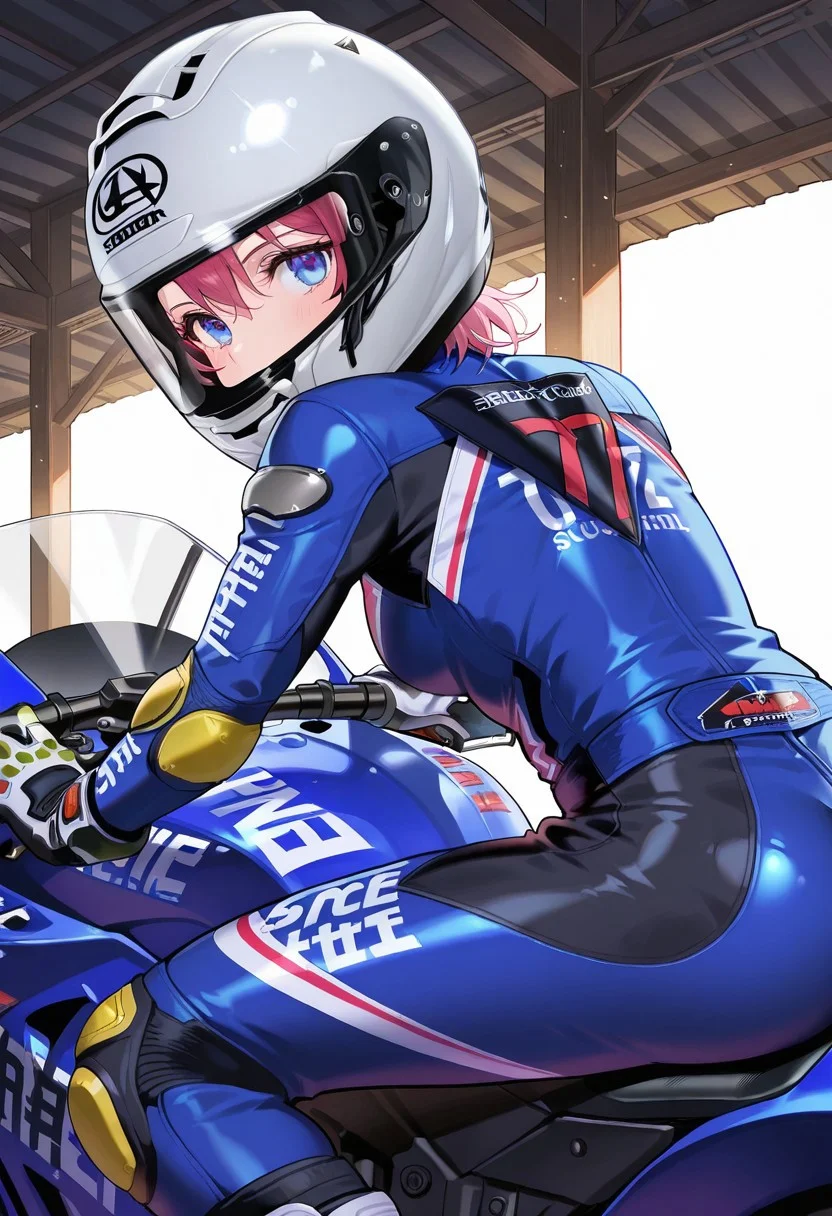 masterpiece, score_9, score_8_up, score_7_up, EasyNegative_v2, (best quality:1.1), ultra-detailed, high resolution, super detailed skin, beautiful detailed eyes, nsfw, Brightly Lit, Highly Visible, 8k, sharp focus, beautiful, perfect lighting, beautiful eyes, anatomically correct, anatomically correct face, extremely detailed eyes, smooth edges, beautiful face, source_anime, helmet, biker clothes, boots, blue bikesuit, knee pads, motorcycle helmet, 1girl, upper body, view from behind, glance at viewer, elbow pads, gloves, riding, ground vehicle, leaning forward, blue motorcycle, biker clothes, bikesuit, motorcycle helmet, gloves, boots, bodysuit, helmet, knee pads, elbow pads,