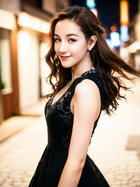 score_9,score_8_up,score_7_up,score_6_up,rating_explicit,8k,ultra detailed,perfect anatomy,beautiful lighting,pretty,beautiful,photorealistic,realistic eyes,realistic skin,1girl,solo,dress,black dress,earrings,jewelry,brown hair,smile,long hair,looking at viewer,rich_background,blurry,blurry background,outdoors,street,night,face portrait,<lora:Dilraba_Pony_v1:1>,