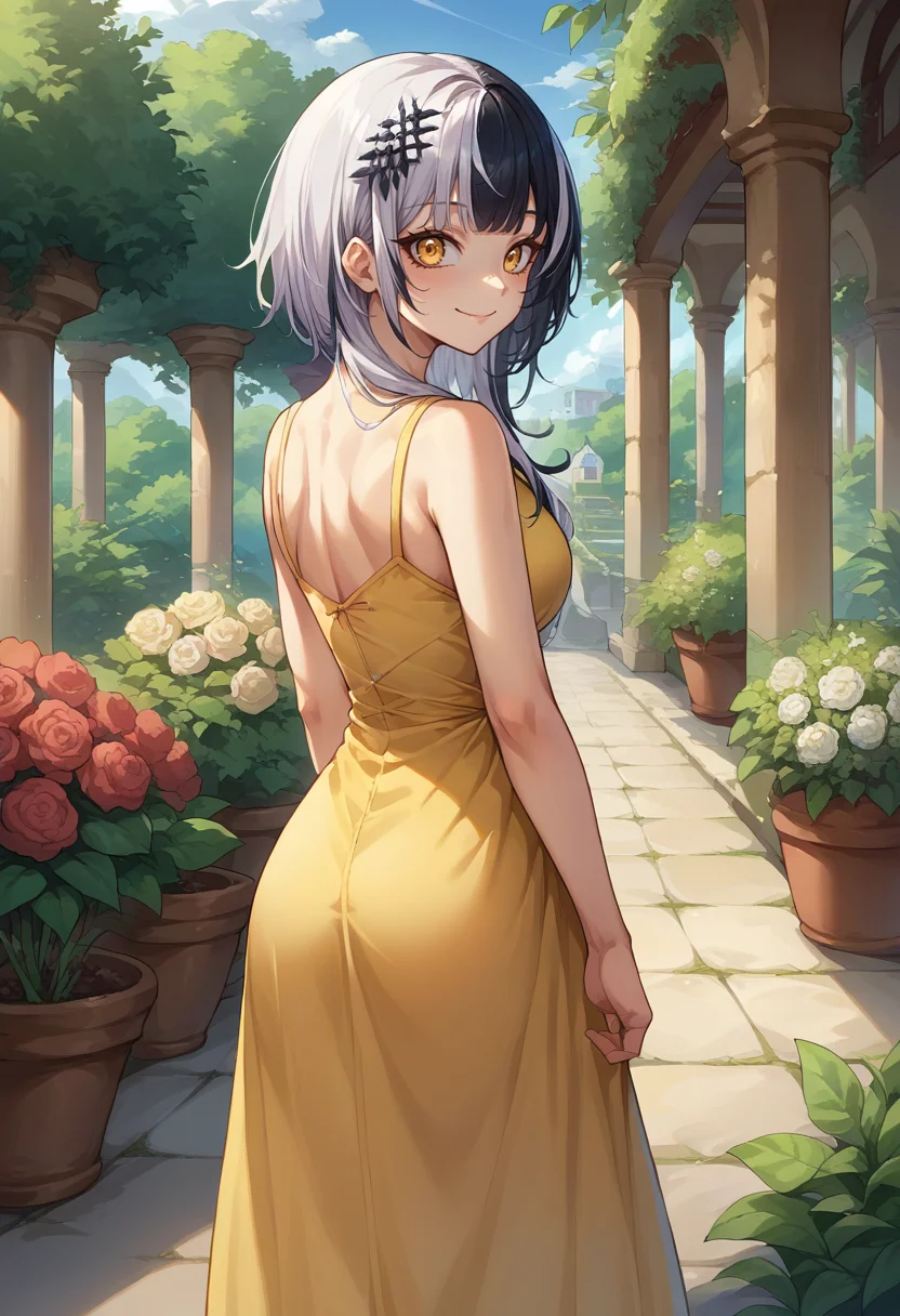 score_9, score_8_up, source_anime, 1girl, solo, ShioriNovella, split-color hair, white hair, black hair, yellow eyes, hair ornament, from behind, yellow sundress, garden, day, sunshine, smile, looking back, <lora:ChamShioriNovellaPonyXLCame-000008:1>