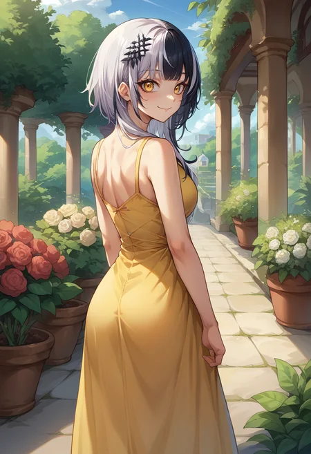 score_9, score_8_up, source_anime, 1girl, solo, ShioriNovella, split-color hair, white hair, black hair, yellow eyes, hair ornament, from behind, yellow sundress, garden, day, sunshine, smile, looking back, <lora:ChamShioriNovellaPonyXLCame-000008:1>