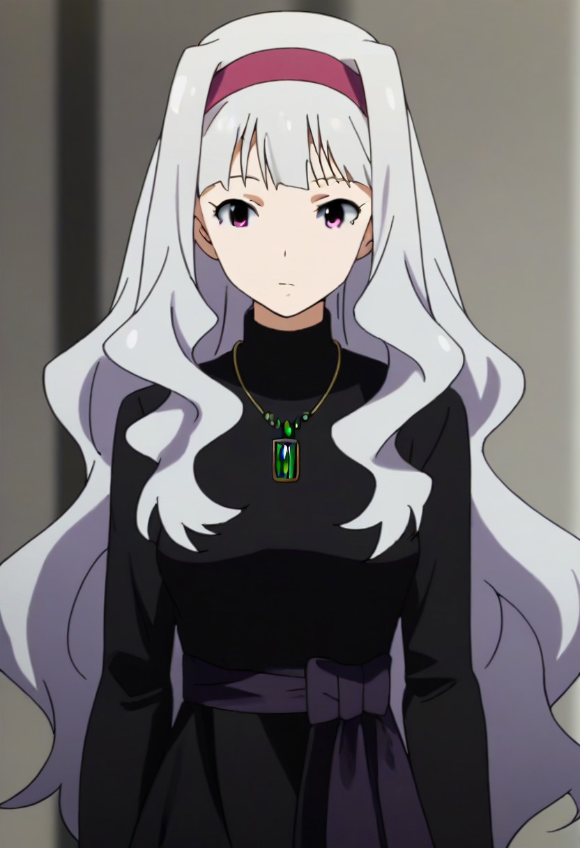 source_anime, uncensored, nsfw, <lora:Takane_Shijou_The_iDOLMSTER_2011_anime_art_style:.8>1girl, solo, grey hair, long hair, purple eyes, breasts, Takane black dress with green brooch outfit , purple hairband, jewelry, necklace, pendant, dress,