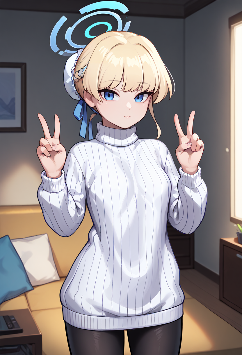 score_9, score_8_up, score_7_up, solo, 1girl, tokidef, expressionless, looking at viewer, standing, double v, short hair, single hair bun, bun cover, braid, hair ribbon, blue ribbon, blue halo, white sweater, sweater dress, ribbed sweater, turtleneck sweater, black pantyhose, indoors, living room <lora:ba_asumatoki_ponyXL:1>