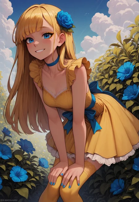 masterpiece, best quality, amazing quality, p0nyd1sney1ncasev1x0n2:1.5, 1girl, 25 years old, perfect face,
blue eyes, yellow eyeliner,
yellow hair, long hair, straight hair, blue flower, hair flower,
blue choker,
yellow dress, layered dress, skirt under dress, waist bow, waist ribbon, blue ribbon, blue bow, blue nails,
yellow thighhighs, lace-trimmed thighhighs,
standing, bent over, hands on their knees, knees together feet apart,
smile, cowboy shot,
garden, sky,