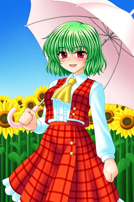 higurashiog, touhou, kazami yuuka, 1girl, :d, artist name, ascot, blue sky, blush, center frills, collared shirt, cowboy shot, day, field, flower, flower field, frilled ascot, frilled skirt, frills, green hair, holding, holding umbrella, long sleeves, looking at viewer, open clothes, open mouth, open vest, outdoors, plaid clothes, plaid skirt, plaid vest, red eyes, red skirt, red vest, shirt, short hair, skirt, sky, smile, solo, sunflower, sunflower field, twitter username, umbrella, vest, white shirt, white umbrella, yellow ascot, 
(masterpiece, best quality, absurdres, highres), very awa, 