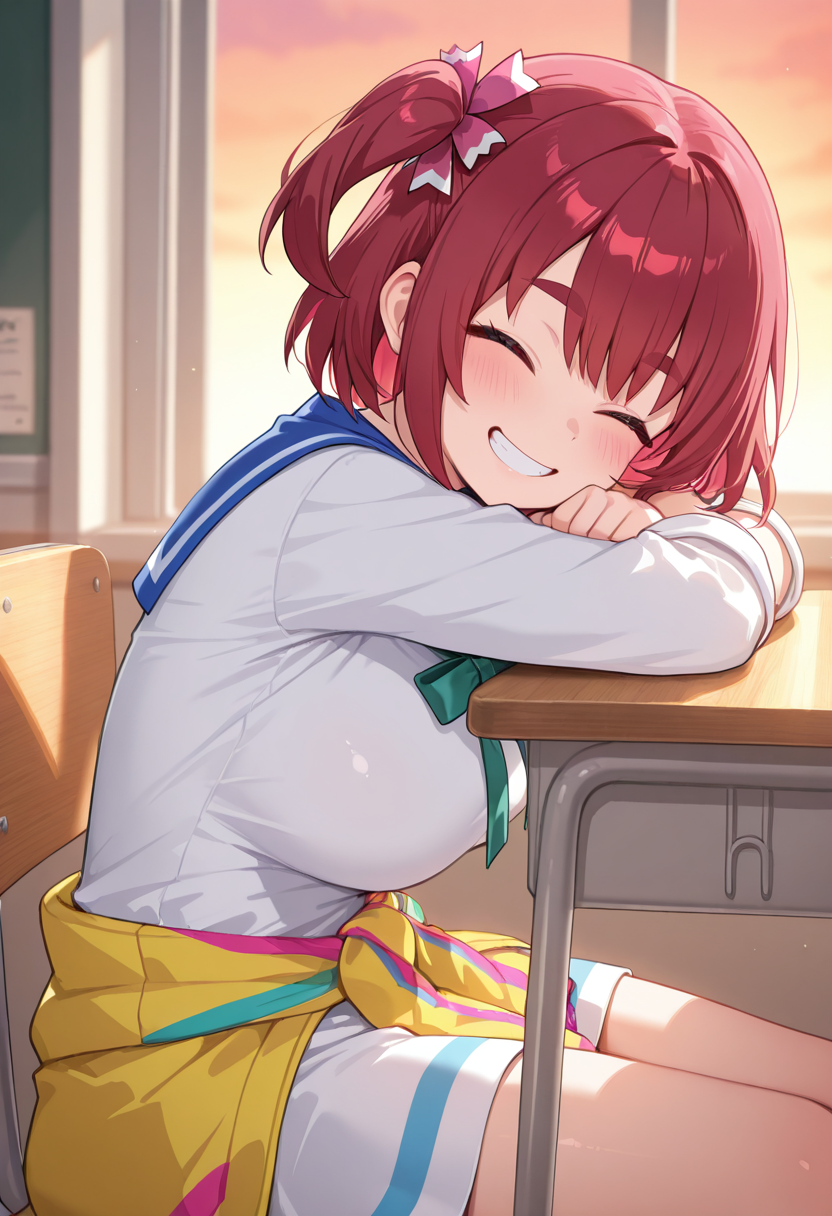 1girl,solo,<lora:nadeshikoil:0.9>,igarashi_nadeshiko,closed eyes,short hair,one side up,red hair,ribbon,dress,sailor dress,clothes around waist,blue sailor collar,looking_at_viewer,cowboy_shot,from_side,smile,clenched_teeth,sitting_on_chair,leaning_forward,head_on_table,classroom,dusk,incredibly absurdres,masterpiece,best quality,good quality,newest,