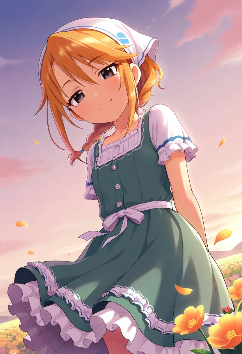 masterpiece,best quality,amazing quality, yuuki haru, orange hair, brown eyes, 1girl, solo, braid, flower, short sleeves, arms behind back, petals, head scarf, dress, smile, sky, frills