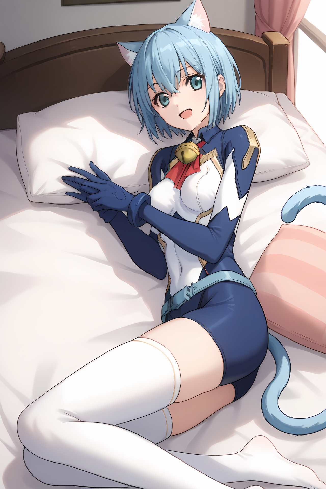 (blue bodysuit belt gloves white thighhighs:1.50), cpc-melwin, blue hair, short hair, hair between eyes, aqua eyes, cat ears, cat tail, neck bell, collar, 
medium breasts, 1girl, solo, skinny, (source_anime, score_9, score_8_up, score_8, score_7_up), score_7, score_6_up, score_6, score_5_up, score_5, 
(happy:1.40),
(bedroom:1.30),
(on side:1.40), (feet:1.20),
<lora:cpc-melwin-V02-000004:0.80>