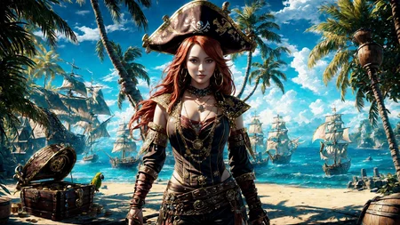 (young redhead pirate woman), (portrait), (parrot:1.2), sharp focus, (ultradetailed), (standing), (happy) smile, pirate (ship galleon:1.2, hoop earrings, gold medallion, Dark Yellowpirate clothes, pirate hat, hips, pirate (village), leafy beach coast, (treasure chest with coins, gems and jewels:1.2), (rum barrel), best quality masterpiece, bright sunny sky, backlight, natural lights, high contrast, hdr, shadows, pretty, beautiful, feminine, sexy, adorable, lovely, in love, (PirateDiffusionprt:0.5), <lora:Pirate:0.3> PrateT <lora:PirateRealms:0.3> <lora:Detail Tweaker LoRA add_detail:0.8> <lora:depth_of_field_slider_v1:5> <lora:SDXLrender_v2.0:0.9>