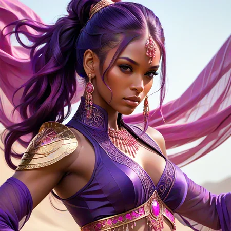 <lora:Niji6_LoRA_XL_art_style:1> <lora:EnvyDarkImpressionismXL01:1> ((masterpiece)), (finely detailed beautiful face: 1.2), 1 woman, solo, dark skin, purple hair, long hair, ponytail, pink highlights in hair, fancy armor, elegantly dressed, flowing see-through cloth, belly dancer clothes