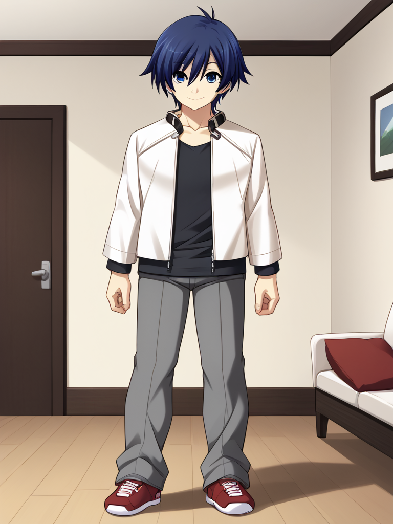 1boy, solo, kakerueleveneyes, blue hair, short hair, ahoge, blue eyes, white jacket, black shirt, grey pants, red sneakers, indoors, living room, standing, smile, full body