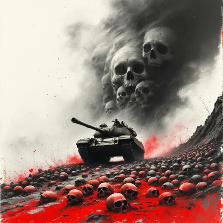 graphic novel scratched charcoal sketch of, swirling ancestral ghosts, spirits of ancestors, subtle distant vapor faces of population amidst diffuse spectral storm clouds, scenery millions of skulls in path of oncoming military_tank, driving over foreground mountain of skulls, relentless overpowering emotion with red paint thrown on canvas, of charcoal dust scratched in ash, scarred, cursed promise