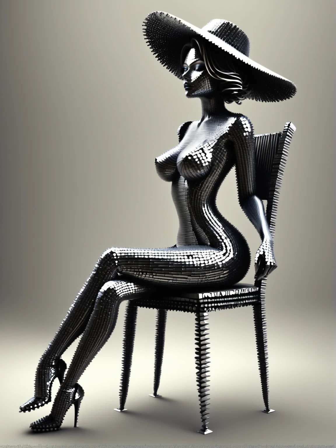 1girl, sexy dress, wide-brimmed hat, high chair, sitting, fastenerswm, <lora:FastenersWMv0.4:1.2>