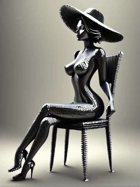 1girl, sexy dress, wide-brimmed hat, high chair, sitting, fastenerswm, <lora:FastenersWMv0.4:1.2>