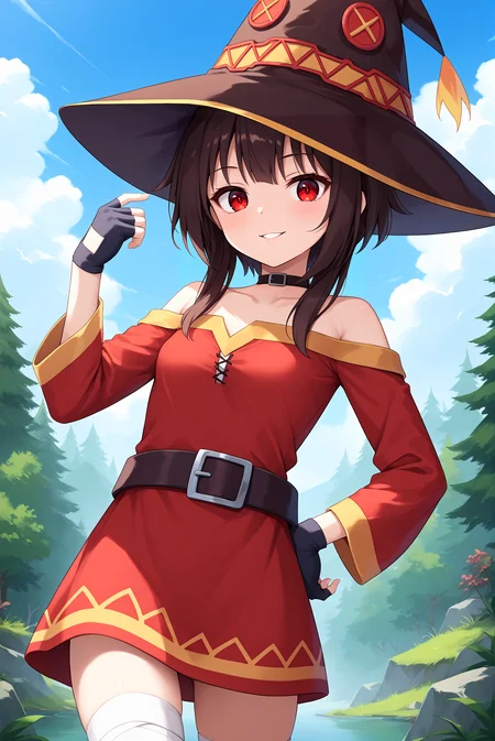 score_9, score_8_up, score_7_up, score_6_up, anime source, anime style, solo, 1girl,
<lora:P-Megumin:1>, m3gum1n, red eyes, brown hair, bangs, short hair with long locks,
fingerless gloves, witch hat, thighhighs, single thighhigh, red dress, off-shoulder dress, long sleeves, bandaged leg, belt,
small breasts, seductive smile, parted lips, eyelashes, hands on hip,
forest background, blue sky, clouds,