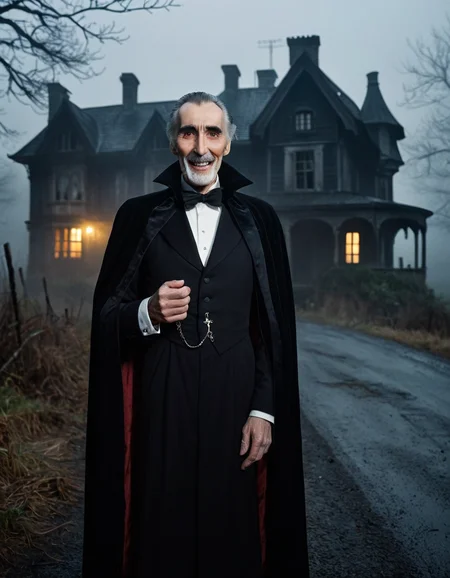 an old christopher lee, dracula alike, with a creepy smile,  in the foreground, looking at the camera, he is very creepy,creepy enigmatic smile,hes sems to invite you in,  nighttime, dense fog,  abandoned house, rural road, heavily wooded area, heavy fog, misty, (dark, dim, dim lighting:1.4), creepy, evil, midnight    <lora:Greys_Alien_Character_Creation_for_Flux.1_Dev:.3> alien, (score_9,score_8_up,score_7_up) (8k, RAW photo, highest quality, best quality, masterpiece, ultra-detailed, hires, absurdres, sharp focus), (photorealistic, hyper-realistic)