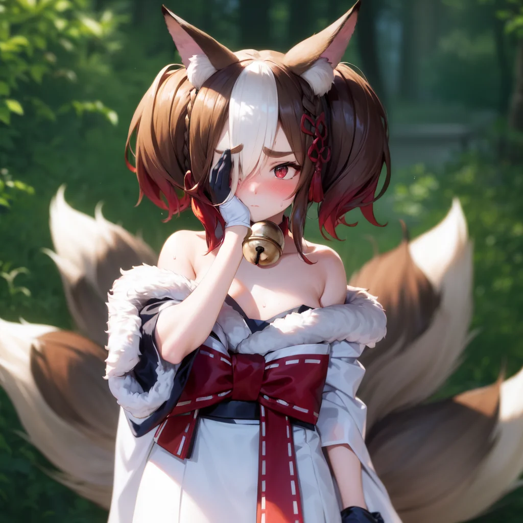<lora:sekkatest:0.9>, 1girl, she is covering her face with her hands in embarrassment, she is covering her own eyes and peeking through her fingers, hands on own face, covering face, ((her long and wide sleeves reach almost to the ground and have an intricate embroidery at the lower end)), standing, full body, (highres, realistic, best quality, masterpiece, ultra-detailed, textured, ambient lighting, cinematic lighting), animal ears ,1girl , fox ears ,bangs , red eyes , multicolored hair , twintails , animal ear fluff ,brown hair , hair ornament ,bell , solo , looking at viewer ,braid ,neck bell , fox girl , jingle bell ,gloves , fur trim , ribbon ,two-tone hair ,japanese clothes ,off shoulder ,bare shoulders ,collar ,bow , (long sleeves) , streaked hair ,blush , black gloves , tail ,white hair , fox tail , kimono ,wide sleeves , red bow , red ribbon ,multiple tails , red hair , collarbone , hair ribbon , short hair , choker , socks , shorts , ribbon trim , sash , black shorts , rope , small breasts , white kimono , fur-trimmed sleeves , tabi , black footwear , black socks , gradient hair , v-shaped eyebrows , dress ,sandals , hair between eyes , obi , medium hair , grey hair , thick eyebrows , short twintails , strapless , sweat , shimenawa , outdoors , fur-trimmed kimono kitsune, cloth, satin, silk, fur, (embarrassed, shy, flustered, hands on own face, hands on own cheeks, covering eyes, covering own eyes, covering face with hands, peeking out, peeking through fingers, :1.4 )
