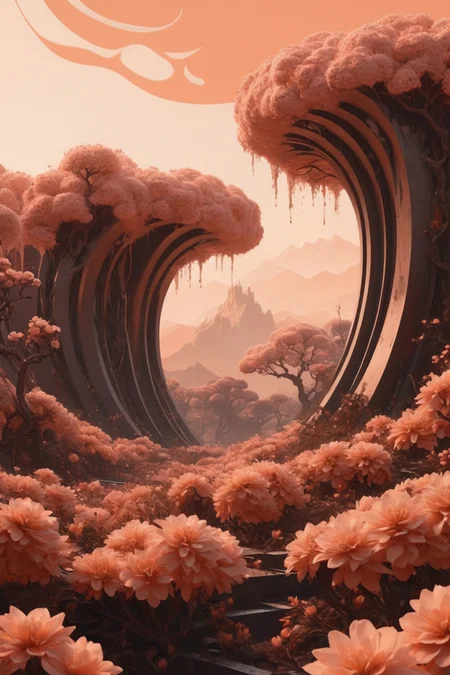 masterpiece, overgrown brutalism, Peach glow, glowing trees, Chocolate Brown flowers, (Protean Wave), breathtaking landscape, hyper fantasy, highly detailed by Brom, 8k resolution â wow face macro <lora:Overgrown_Brutalism_SDXL:.8>