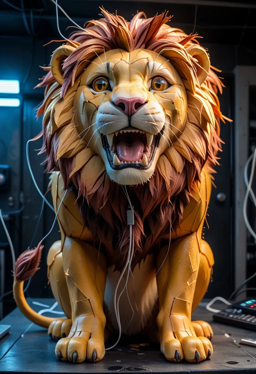 end_tripwire_morph, no humans, , teeth, lion made out of wire and electrical cables, tail, sharp teeth, , open mouth, solo, neon, wires, made of wires, cables, outlined with wires and neon, neon outlines, wire sculpture, neon wire sculpture, PonyXLV6_Scores