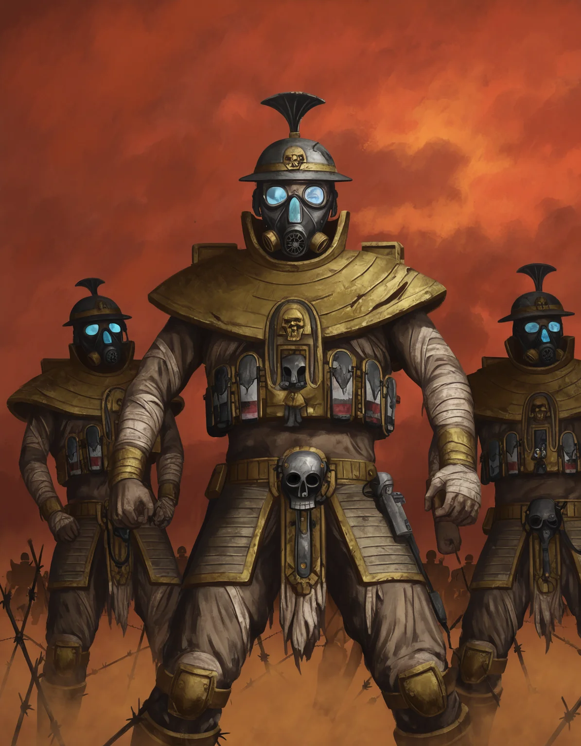 traditional media, highly detailed, (painterly, oil painting \(medium\):0.5),  Death Korps of Krieg soldier from the Warhammer 40k universe. The soldier should be depicted standing in a trench, holding a bayoneted lasgun at the ready. He is clad in the signature trench coat, steel helmet, and black gas mask of the Death Korps, his posture reflecting a mixture of vigilance and fatigue. The background should be a grim, war-torn battlefield filled with trenches, barbed wire, and the remnants of past skirmishes. A thick, rolling fog should partially obscure the scene, with silhouettes of other Krieg soldiers and artillery pieces barely visible through the haze. The sky should be overcast, with the occasional flash of distant artillery fire illuminating the dark clouds. Render the image in a dark, atmospheric style, emphasizing the textures and wear on the soldier's gear and the trench surroundings. Use a muted color palette of grays, browns, and dark greens to enhance the bleak and foreboding atmosphere. The lighting should be low and diffuse, with shadows adding depth and a sense of imminent threat. Highlight the soldier's gas mask lenses, giving them a subtle, eerie glow to draw attention to his unyielding gaze. The overall composition should convey the stoic determination and relentless endurance of the Death Korps of Krieg, capturing the harsh realities of their unending warfare and their unwavering resolve in the face of constant danger.
  <lora:Warhammer Tombkings Lycoris Illustrious 0.1:0.6>