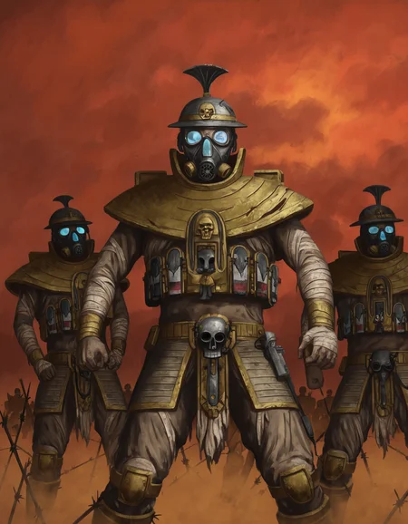 traditional media, highly detailed, (painterly, oil painting \(medium\):0.5),  Death Korps of Krieg soldier from the Warhammer 40k universe. The soldier should be depicted standing in a trench, holding a bayoneted lasgun at the ready. He is clad in the signature trench coat, steel helmet, and black gas mask of the Death Korps, his posture reflecting a mixture of vigilance and fatigue. The background should be a grim, war-torn battlefield filled with trenches, barbed wire, and the remnants of past skirmishes. A thick, rolling fog should partially obscure the scene, with silhouettes of other Krieg soldiers and artillery pieces barely visible through the haze. The sky should be overcast, with the occasional flash of distant artillery fire illuminating the dark clouds. Render the image in a dark, atmospheric style, emphasizing the textures and wear on the soldier's gear and the trench surroundings. Use a muted color palette of grays, browns, and dark greens to enhance the bleak and foreboding atmosphere. The lighting should be low and diffuse, with shadows adding depth and a sense of imminent threat. Highlight the soldier's gas mask lenses, giving them a subtle, eerie glow to draw attention to his unyielding gaze. The overall composition should convey the stoic determination and relentless endurance of the Death Korps of Krieg, capturing the harsh realities of their unending warfare and their unwavering resolve in the face of constant danger.
  <lora:Warhammer Tombkings Lycoris Illustrious 0.1:0.6>