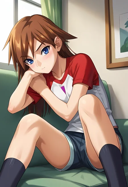 score_9, score_8_up, score_7_up, masterpiece, source_anime, 1girl, ct rin, medium hair, brown hair, blue eyes, red raglan sleeves, short shorts, short sleeves, black kneehighs, indoors, looking at viewer, <lora:Rin_Kagano_Pony_ct-000011:0.9>