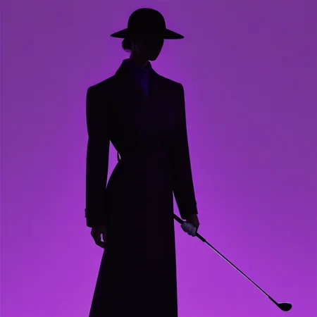 (aaAR7fl), masterpiece, highres, best quality, aesthetic, intriguing details,, fashion campaign, elegant, 1girl, golf player, swing a golf club, faceless, hat, cover eyes, black clothes, colourful shadow, dynamic shot, 2 other people in black long coat standing at back in silhouette out of focus, purple background,simple background, purple theme,perfect hand,