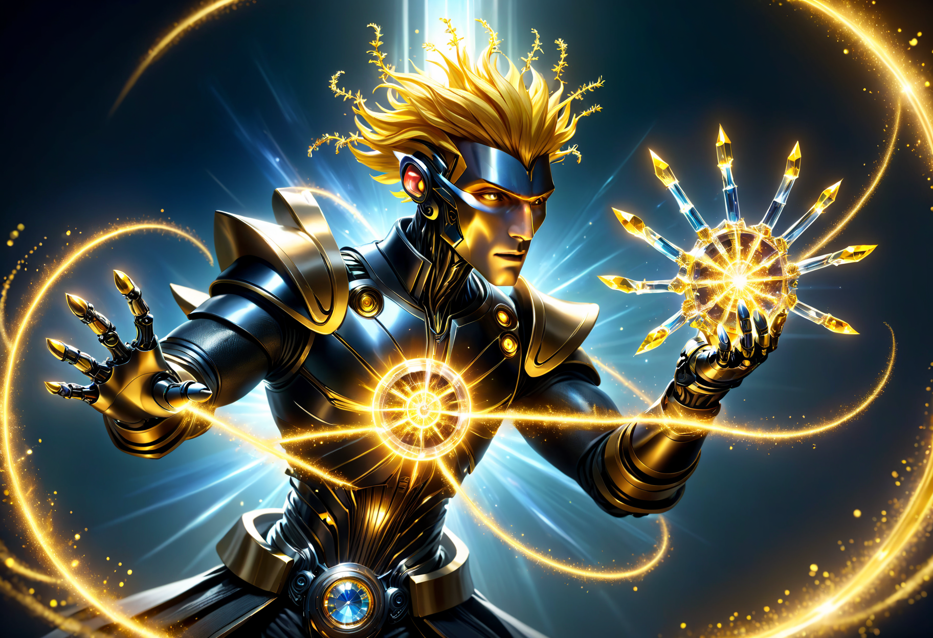 hyper detailed masterpiece, dynamic, awesome quality, male biowitch, fusion of magic and cybernetics, robotpunk  Practicing spell shaped like Ensorcell of goldenrod pyroclasmic crystal and time manipulation DonMM4g1cXL <lora:DonMM4g1cXL_v1.2:0.7> <lora:Perfect Hands v2:1.0> Perfect Hands