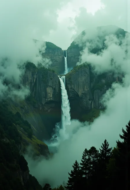 In the distance, there is an ethereal, dark and mysterious white waterfall on top of floating mountains, Emei in Sichuan Province. The clouds and mist cover it from view, creating a mysterious atmosphere, high resolution and rich details. It showcases magnificent natural scenery, showcasing its grandeur, dark shadows and fog, blurred, neo-expressionism, muted green color palette <lora:Exogenous:1>