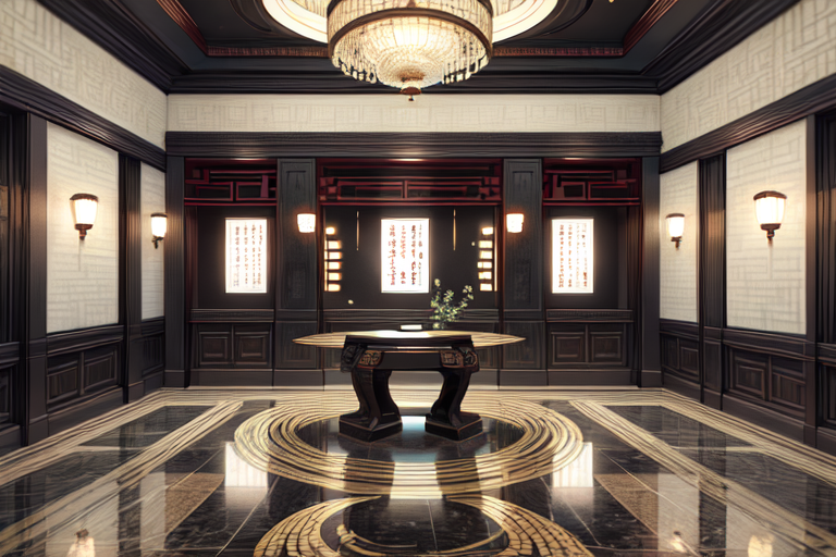 highly insanely detailed, masterpiece, top quality, best quality, highres, 4k, 8k, RAW photo, (very aesthetic, beautiful and aesthetic),  
(code_style,codestyle),traditional chinese text,english text,japanese text,(sympattern,geometric pattern),symbolic patterns, 
<lora:CodeStyle (half generic class)_564920:0.6>, 
(1girl:1.3), 1other, 
hotel lobby interior,âââ