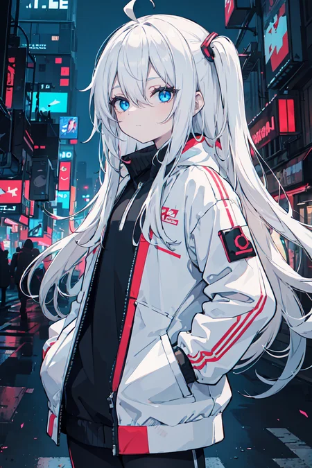 (masterpiece), 1girl, solo, glowing, colorful, cyberpunk, street, white jacket, ahoge, white hair, absurdly long hair, blue eyes, pale skin, hair between eyes, expressionless, half-closed eyes, flat chest, futuristic, looking at viewer, dynamic angle, cowboy shot, night, hand in pocket, one side up
