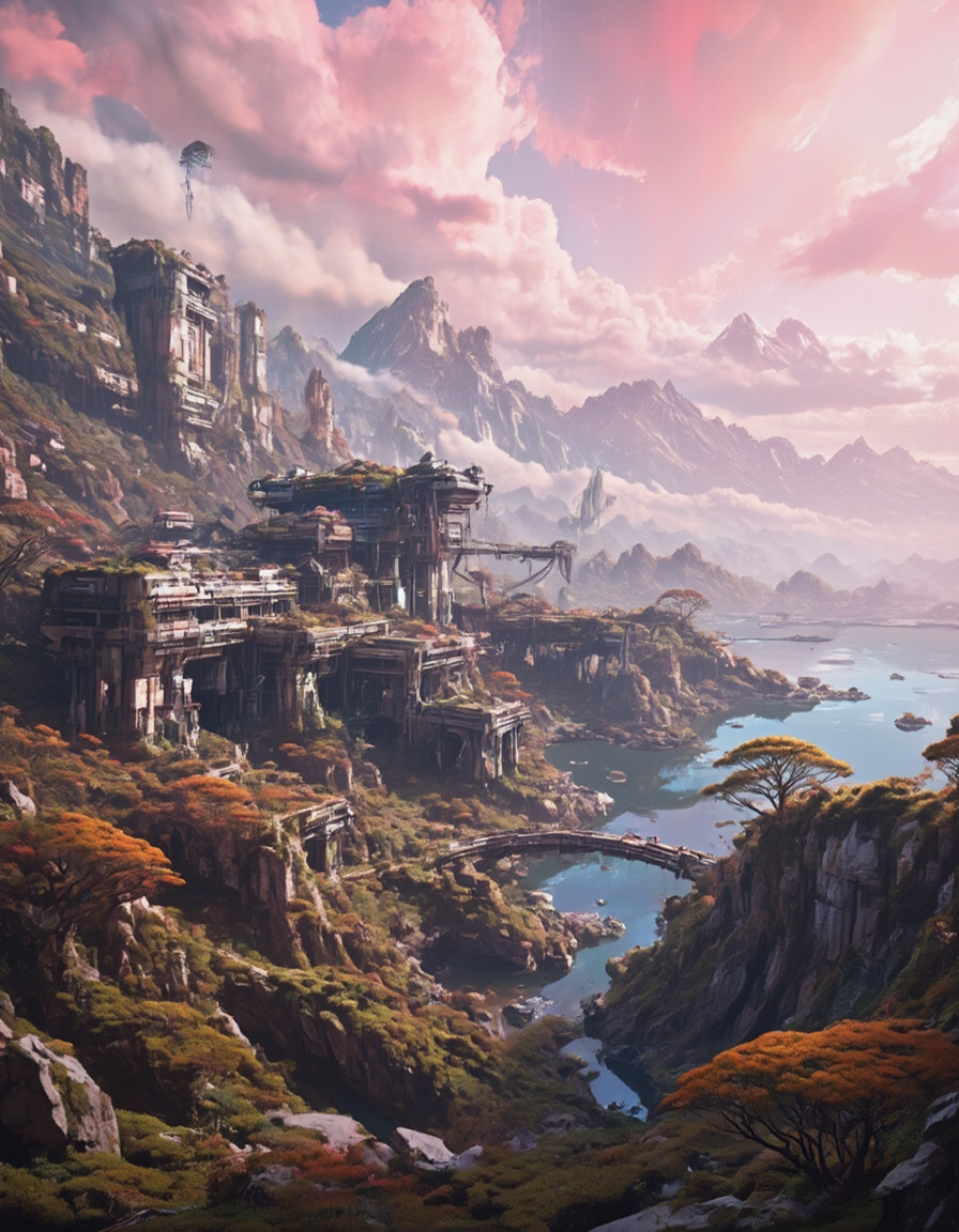 <lora:SWL_Stations1flux:1> lostst1, cyberpunk, sea, mountains, aerial view, scientific complex, trees, orange, pink, abandoned cityscape, photo