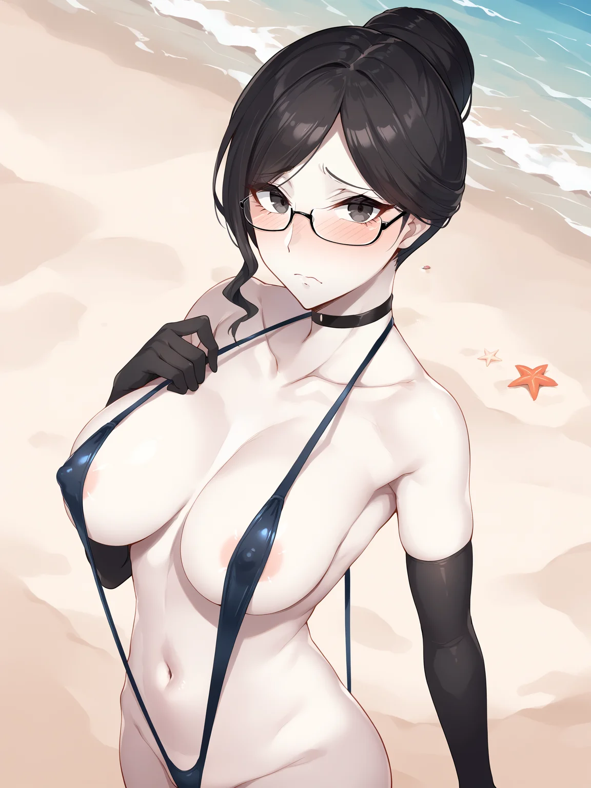 score_9, score_8_up, score_7_up, score_6_up, score_5_up, score_4_up, yurialpha, solo, large_breasts, looking_at_viewer, collarbone, closed_mouth, blush, embarrassed, sad, rimless_eyewear, slingshot_swimsuit, black_swimsuit, black_choker, black_gloves, elbow_gloves, navel, areola_slip, covered_nipples, mature_female, skindentation, arm_at_side, arms_at_sides, pale_skin, beach, <lora:Alpha_V1SDXL(NEW):0.8>