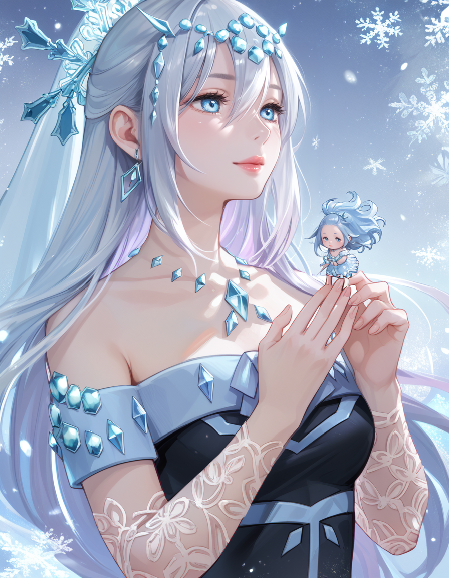 (score_9:0.9),score_8_up,score_7_up,rating_safe,(zPDXL3),(zPDXL),
<lora:Teardrop the Rikka Queen ponyXL v1.1:0.77>,
teardrop the rikka queen, rikka petal, snowflakes, solo, upper body, pink lips, 2girls, minigirl, minigirl on hands, collarbone, snowflake tiara, crystal necklace, snowflake print detached sleeves, cyan bridal veil, black strapless leotard, holding snowflake umbrella