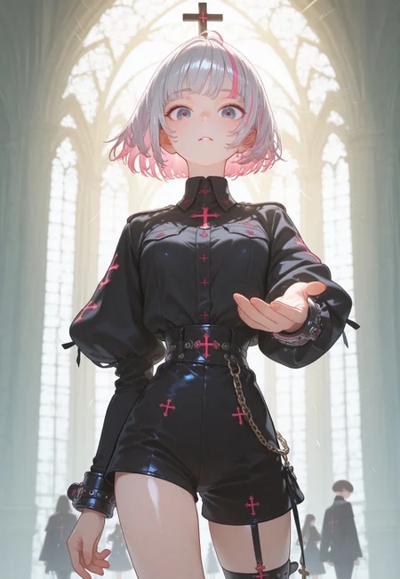masterpiece, best quality, amazing quality, very aesthetic, absurdres, newest, dim light, dramatic lighting, highres, digital art, surreal, dynamic composition, 8K, depth of field, shiny highlights,
BREAK,
1woman, leather cuffs, puff and slash sleeves, cathedral, heartbreaking hair cut, pink streaked hair, crosses, envy, outstretched hand, sunbeam, looking at viewer, 
BREAK,
artist_moriimee, Y0ney4m4_illu, artist_moriimee, monmon2133, UFD-Illu