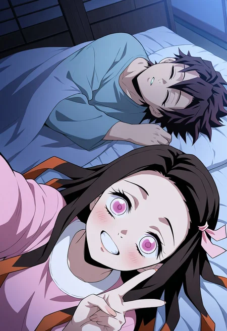 masterpiece, best quality, amazing quality, very aesthetic, absurdres, newest, atmospheric perspective, anime style, official style
1girl, nezuko, \Kimetsu no Yaiba\, dark long hair, pink hair ribbon, pink eyes, smile with teeth, v, selfie, only face, 1boy, Tanjiro, \Kimetsu no Yaiba\,in bed, sleep, brown hair, bedroom), top view