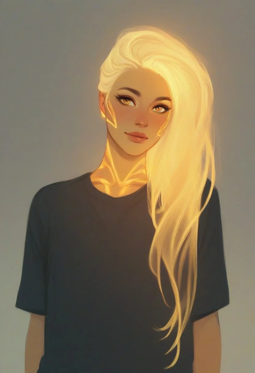 zzCitronLegacy, score_9,score_8_up,score_7_up,score_6_up,score_5_up,score_4_up, girl, black T-shirt, upper body, indoor, sharp line, high sketch art, glowing,