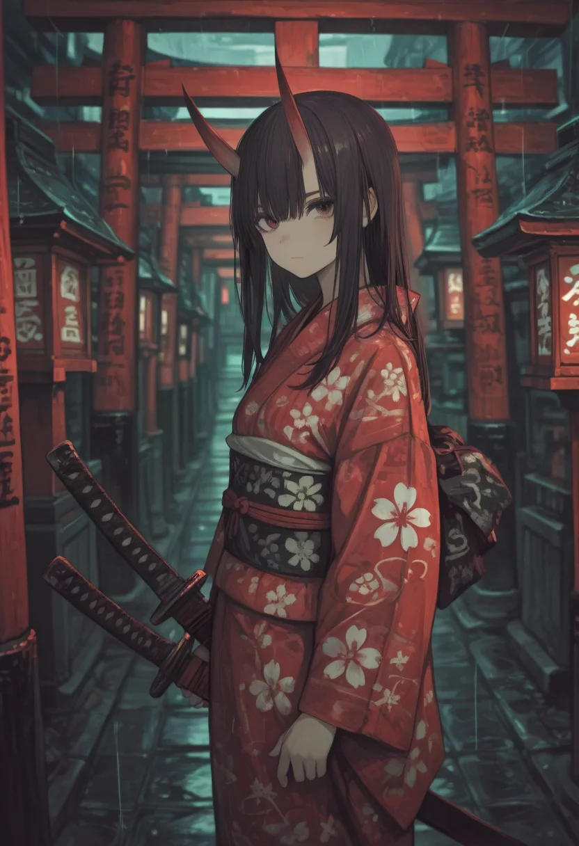 <lora:LCMV2-PONYplus-PAseer:1>
<lora:Nightmare_Katana_IL:0.8>
1girl, bangs, black hair, blurry background, building, closed mouth, east asian architecture, ema, floral print, holding, holding sword, holding weapon, japanese armor, japanese clothes, katana, kimono, long hair, long sleeves, looking at viewer, multiple swords, multiple torii, neon lights, obi, oni, outdoors, pagoda, paper lantern, planted, print kimono, rain, red eyes, red kimono, red theme, red umbrella, sash, scabbard, sheath, sheathed, shide, solo, standing, sword, torii, weapon, wide sleeves