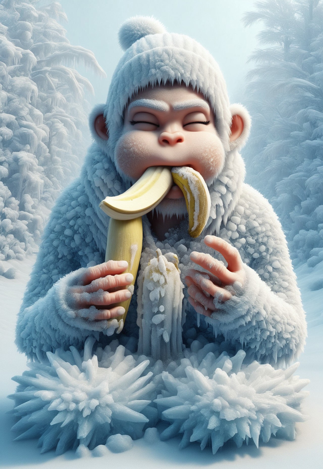 fr0stwrld, monkey, snow, eating, banana, ice