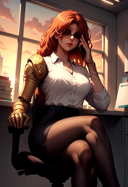 score_9, score_8_up, score_7_up, source_anime, cowboy shot, single mechanical arm, prosthesis, MaleniaRot, covered eyes, scar, <lora:Malenia_XLPD:1>, covered face, indoors, office lady, pencil skirt, black pantyhose, office chair, window, sunset, glasses, sitting, crossed legs,