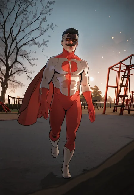 masterpiece, newest,absurdres,incredibly absurdres, best quality, amazing quality, very aesthetic,
, depth of field, blurry foreground, bokeh,park, playground, palmeras, solo, 1 ,male, muscle male,
Omnimman,skintight suit, red O shaped chest emblem,red gloves, red colored suit's lower part, red cape, white boots,moustache, old man, gray hair, Nolan grayson, black hair on top,Multi colored hair,
,flying, extended hands, happy, smile, cute,
re4lity_sync_illu,shaded face, (black face:1.2),glowing eyes