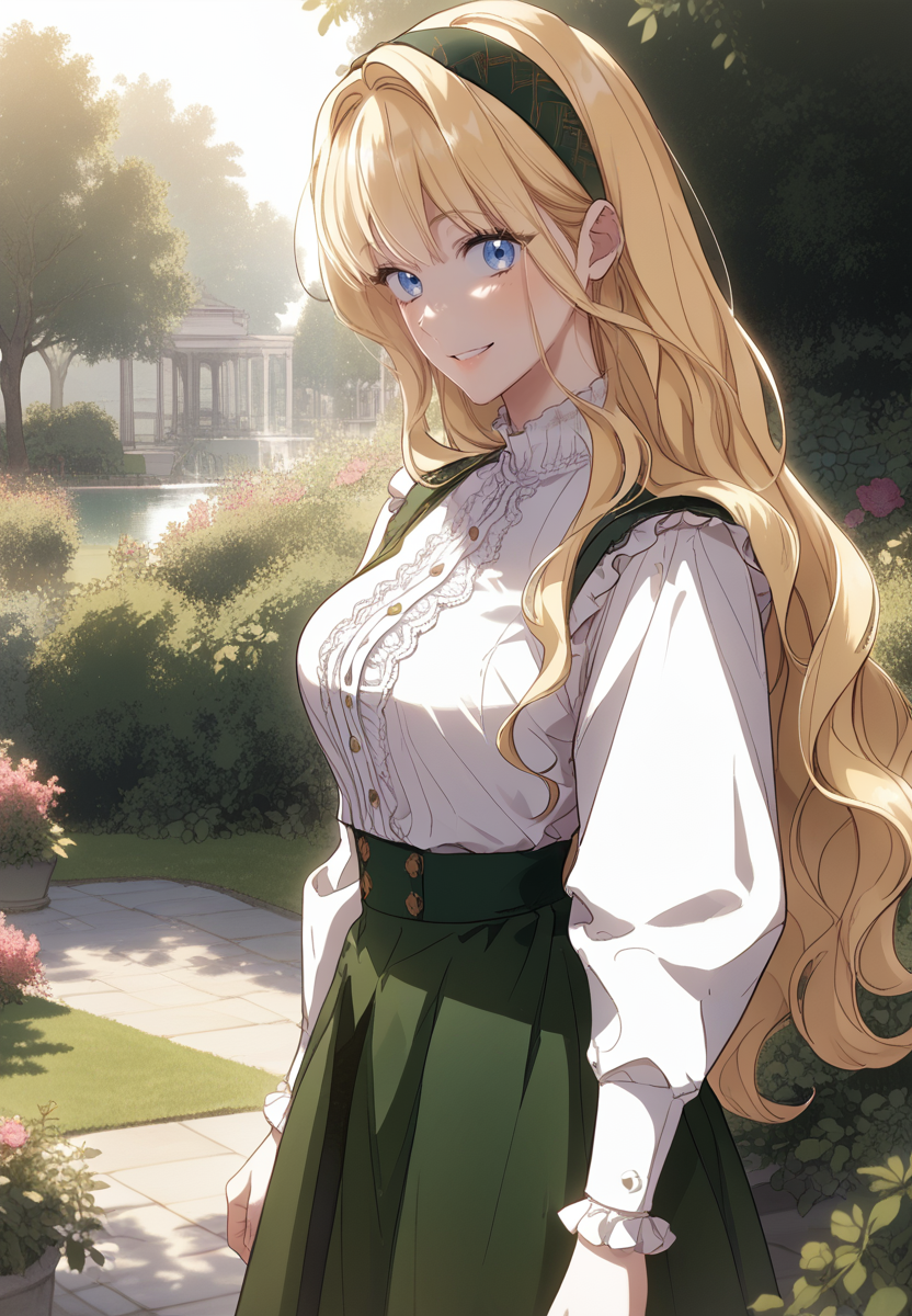 zPDXL3, score_9_up, score_8_up, score_7_up, (Anime_source),Masterpiece,(perfect female body:1.2), small waist,(incredibly detailed:1.4), slim, beautiful fingers, beautiful white skin, Beautiful clear skin, (big breasts:1.2) (thick thighs:1.2), standing, looking at viewer, big breasts, rudbeckia, 1girl, blonde hair, , blue eyes, (facing viewer:1.6) <lora:Rudbeckia_de_Borgia_-_How_to_Win_My_Husband_Over-PONY-Kaleid:1> long hair, green skirt, white shirt, in garden, from side, hairband, smile