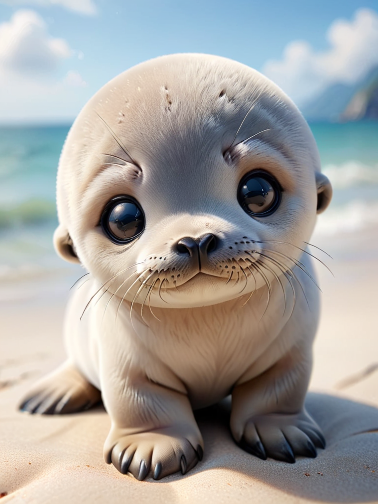 zhibi, chibi, seal, small seal, chibi seal, cute, on the beach <lora:zhibi:1>