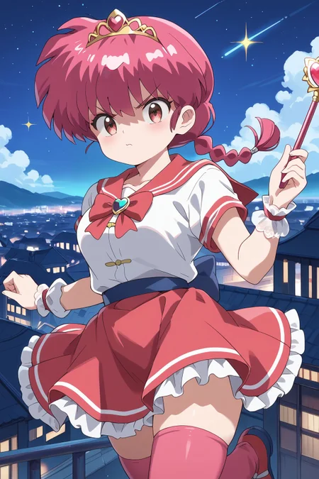 score_9, score_8_up, score_7_up, source_anime, 8k hd, uncesored, 1girl, ranma-chan, red hair, single braid, braided ponytail, pout, annoyed, magical girl, sparkles, short sleeves, white shirt, red sailor collar, frilled skirt, pink skirt, frilled gloves, (lace gloves:1.1), tiara, chest bow, waist bow, red bow, red ribbon, large bow, red brooch, heart brooch, pink thighhighs, frilled thighhighs, holding wand, outdoors, flying, night sky, cityscape,
<lora:Ranma_RanmaSaotome_SFWSenpai:0.8>