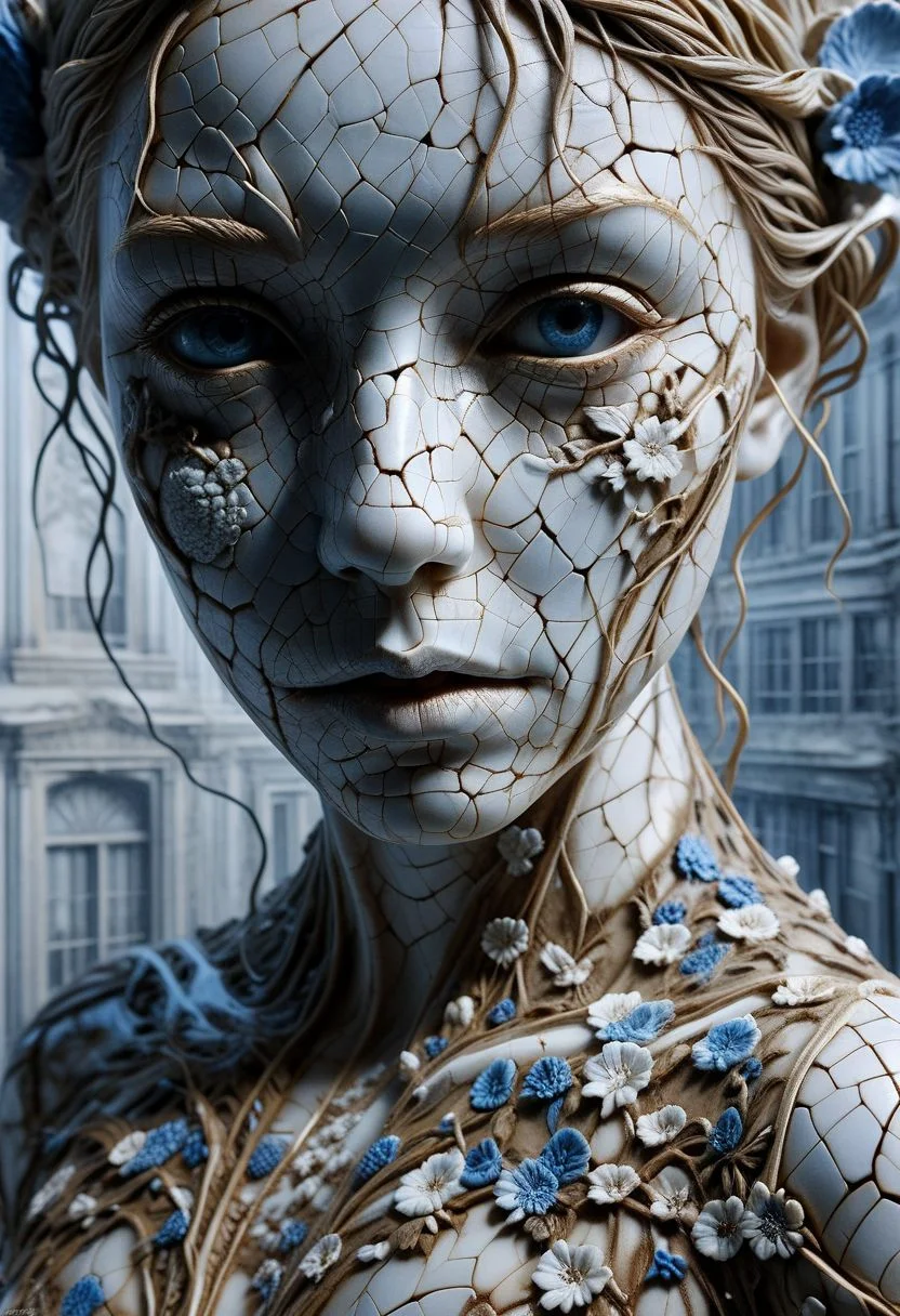Close-up porcelain face, mysterious silhouette of a porcelain woman in worn down porcelain clothing, white and blue porcelain, alluring goddess, by Minjae Lee, Carne Griffiths, Emily Kell, Steve McCurry, Geoffroy Thoorens, Aaron Horkey, Jordan Grimmer, Greg Rutkowski, amazing depth, double exposure, surreal, geometric patterns, intricately detailed, bokeh, perfect balanced, deep fine borders, artistic photorealism , smooth, great masterwork by Suiras <lora:add-detail-xl:2> <lora:Double_Exposure:0.5>
