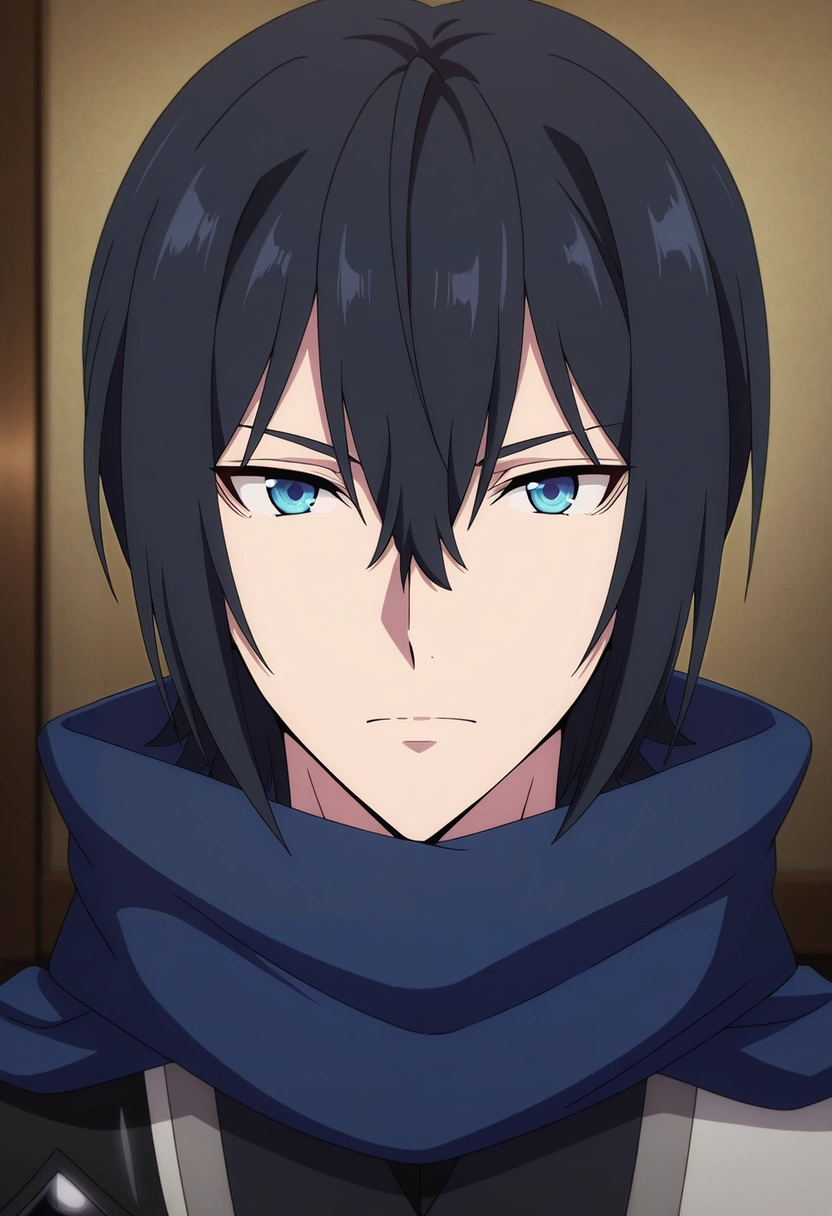 masterpiece, best quality, intricate details, anime screencap, anime coloring, , looking at viewer, 1boy, solo, male focus, <lora:ren_amaki_ilxl:1>, ren_amaki, black hair, blue eyes, hair between eyes, blue scarf, black shirt, armor, black gloves,