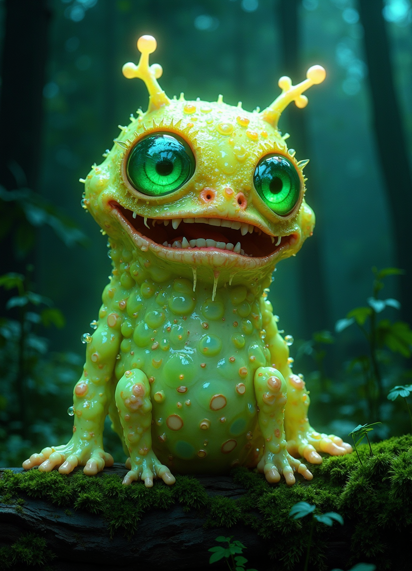 Hyper-realistic surrealist creature, half-gelatinous slime, half-bioluminescent forest dweller. Enormous, glistening eyes with vivid green irises, bulging comically from a amorphous body. Translucent lime-green flesh riddled with iridescent bubbles and droplets, catching and refracting light. Wide, exaggerated mouth revealing tiny sharp teeth and a glistening tongue. Body transitions from sticky, viscous texture to a soft, fur-like coating of fine, glowing tendrils. Dotted with an array of bioluminescent spots in pastel hues - teals, pinks, and soft yellows. Twin antenna-like protrusions topped with softly glowing orbs. Stubby arms and legs with webbed digits. Perched atop a moss-covered log in a misty, ethereal night forest. Background fades into a hazy, dark green woodland scene illuminated by hints of otherworldly light. Hyper-detailed textures - each bubble, droplet, and glowing spot rendered with photorealistic precision. Lighting that seems to emanate from within the creature itself, casting an eerie glow on its surroundings. 8K resolution, cinematic lighting, depth of field.