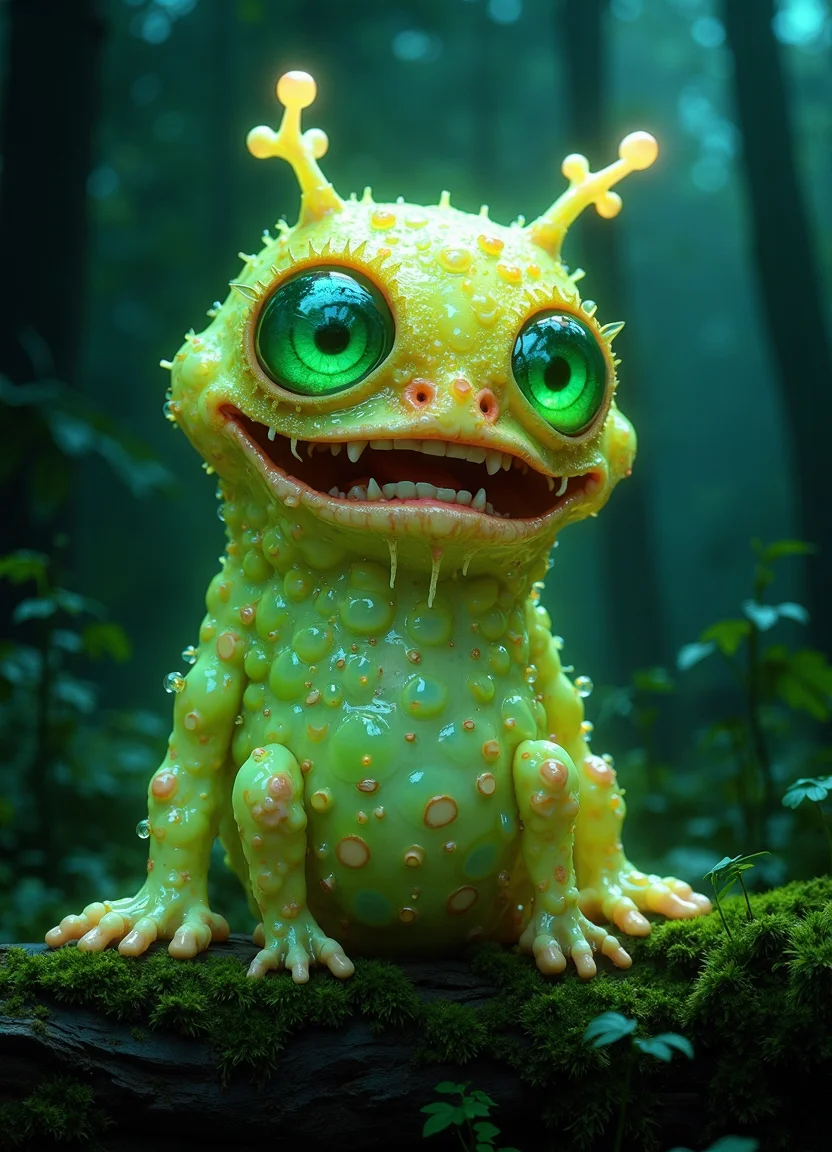 Hyper-realistic surrealist creature, half-gelatinous slime, half-bioluminescent forest dweller. Enormous, glistening eyes with vivid green irises, bulging comically from a amorphous body. Translucent lime-green flesh riddled with iridescent bubbles and droplets, catching and refracting light. Wide, exaggerated mouth revealing tiny sharp teeth and a glistening tongue. Body transitions from sticky, viscous texture to a soft, fur-like coating of fine, glowing tendrils. Dotted with an array of bioluminescent spots in pastel hues - teals, pinks, and soft yellows. Twin antenna-like protrusions topped with softly glowing orbs. Stubby arms and legs with webbed digits. Perched atop a moss-covered log in a misty, ethereal night forest. Background fades into a hazy, dark green woodland scene illuminated by hints of otherworldly light. Hyper-detailed textures - each bubble, droplet, and glowing spot rendered with photorealistic precision. Lighting that seems to emanate from within the creature itself, casting an eerie glow on its surroundings. 8K resolution, cinematic lighting, depth of field.