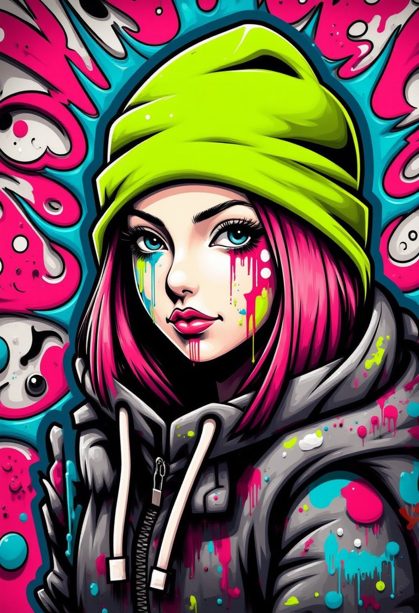 Create a high-quality, extremely detailed digital graffiti drawing of a young adult with a striking, abstract background. The subject, a young woman, has a strong, determined expression. Their shoulder-length hair is depicted in various shades of pink, with a neon green beanie pulled down over their head. The person's face is painted with vivid colors, including bright red, white, and black, giving them a stylized, almost tribal look. The background is a swirl of bold, vibrant colors and geometric shapes, enhancing the dynamic and energetic feel of the artwork.