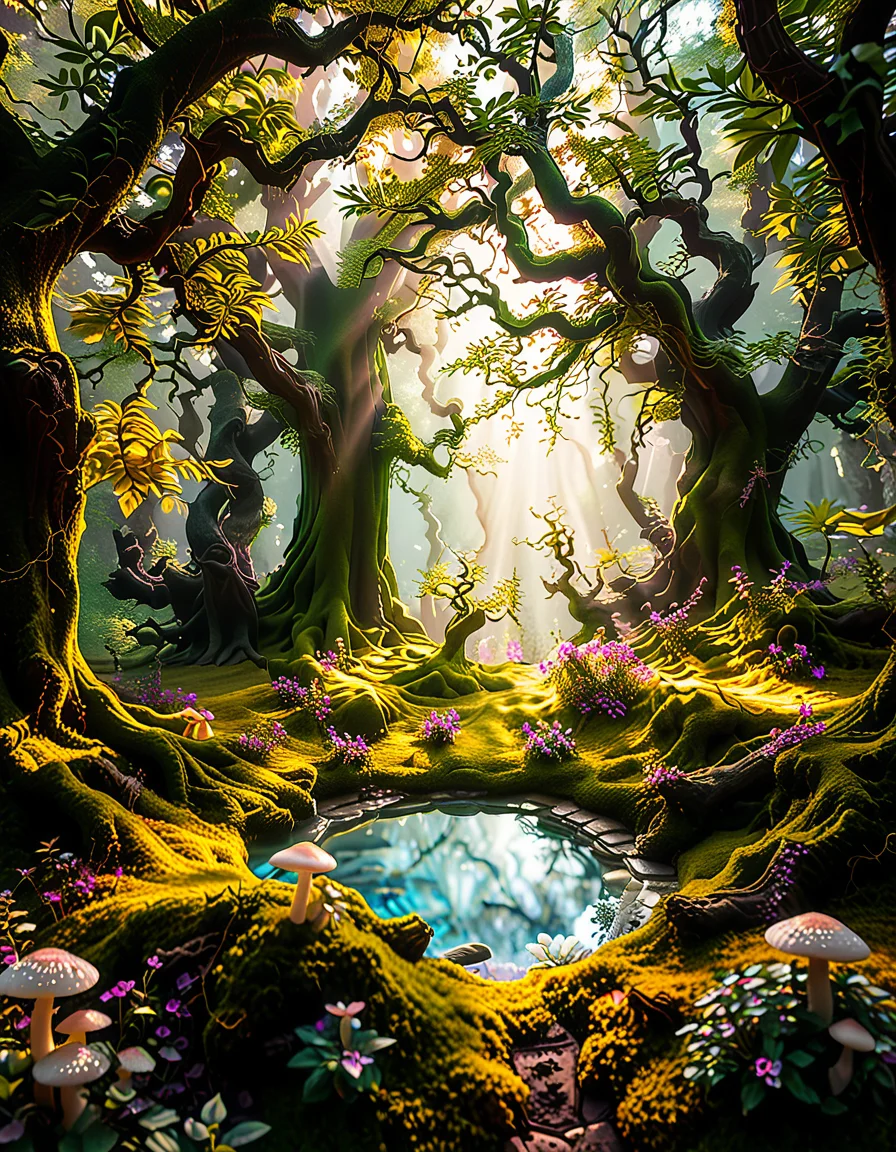 A magical, enchanted forest,3nch4nt3d f0r3st bathed in soft, ethereal light. Towering ancient trees with twisted, gnarled branches stretch towards the sky, their leaves glowing faintly with bioluminescent hues of green and blue. The forest floor is lush with vibrant moss and scattered with luminous mushrooms of various colors—pink, purple, and orange—that emit a soft, otherworldly glow. Golden and purple light filters through the dense canopy above, casting dappled patterns on the ground.
In the heart of the scene, a small, glowing orb hovers just above the moss, radiating warmth and subtle sparkles. Fireflies drift lazily through the air, leaving faint trails of light behind them. The atmosphere feels mystical and serene, as if this forest is alive with ancient magic. The overall lighting is dreamy, with a harmonious blend of soft pink, purple, and green tones that enhance the enchanted quality of the scene..<lora:SDXLFaeTastic2400:0.4> <lora:extremely_detailed:0.4> extremely detailed, <lora:3nch4nt3d_f0r3st:1>, Masterpiece,best quality,hi res,8k,hi res,8k,award winning,(sharp focus, intricate, highly detailed),