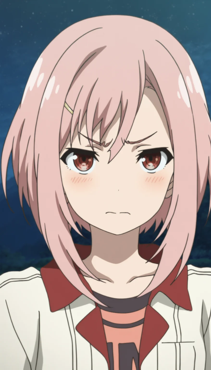 masterpiece,best quality,amazing quality,
<lora:yoshinokoharuNAI:1>,yoshinokoharu,
1girl,solo,pink hair,short hair,yellow hairpin,bangs,red eyes,white jacket,orange tank top,portrait,looking at viewer,furrowed brow,looking ahead,outdoors,night,night sky,hill,depth of field,